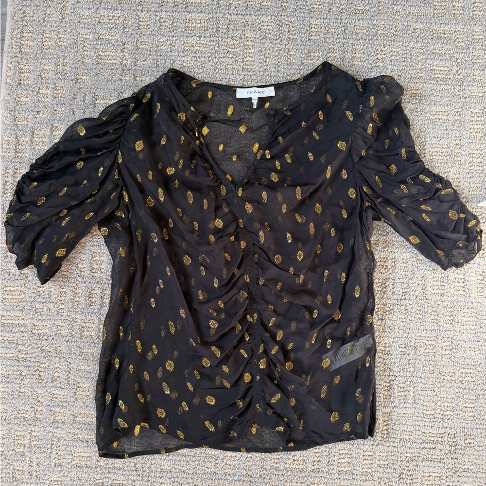 Frame Denim Black Sheer Blouse with Gold Patterns